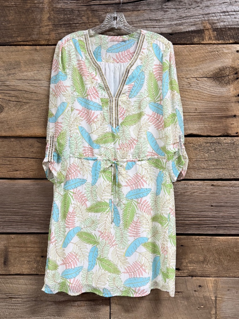 Esqualo Tropical Leaf print dress, White/pink/green/blue, US size 10